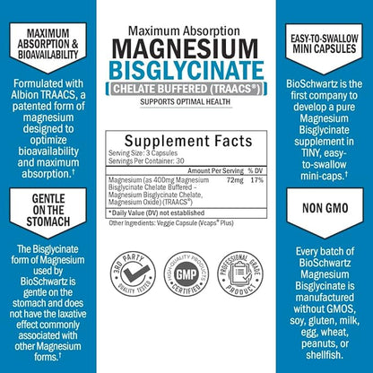 Magnesium Bisglycinate 100% Chelate No-Laxative Effect - Maximum Absorption & Bioavailability, Fully Reacted & Buffered - Healthy Energy Muscle Bone & Joint Support - Non-GMO Project Verified - 90 ct