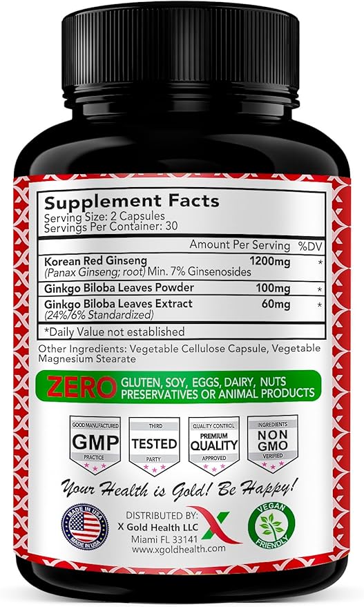 Korean Red Panax Ginseng 1200mg + Ginkgo Biloba - Extra Strength Root Extract Powder Supplement w/High Ginsenosides Vegan Capsules for Energy, Performance & Focus - Supplement for Men & Women
