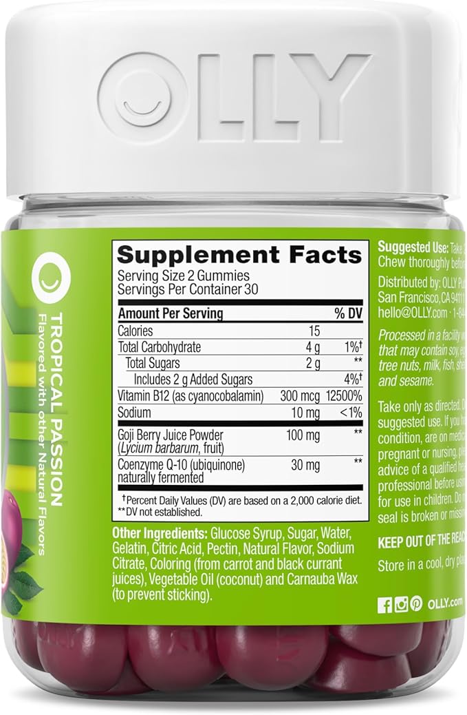 OLLY Daily Energy Gummy, Caffeine Free, Vitamin B12, CoQ10, Goji Berry, Adult Chewable Supplement, Tropical Flavor - 60 Count