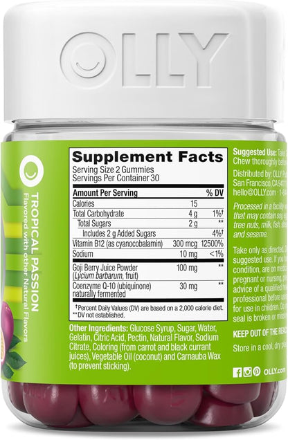 OLLY Daily Energy Gummy, Caffeine Free, Vitamin B12, CoQ10, Goji Berry, Adult Chewable Supplement, Tropical Flavor - 60 Count