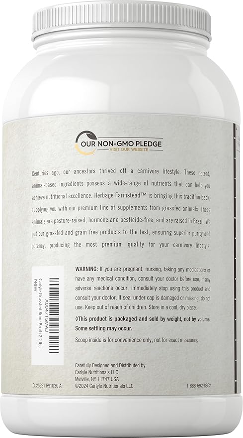 Carlyle Grass Fed Bone Broth Protein Powder | 35.2 oz (2.2lb) | 20g Protein | Pasture Raised, Grain Free Supplement | Non-GMO & Gluten Free | by Herbage Farmstead