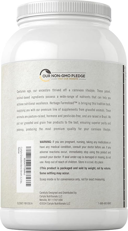 Carlyle Grass Fed Bone Broth Protein Powder | 35.2 oz (2.2lb) | 20g Protein | Pasture Raised, Grain Free Supplement | Non-GMO & Gluten Free | by Herbage Farmstead