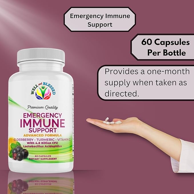 Emergency Immune Support - 60 Capsules - Elderberry, Turmeric, Vitamin C - Advanced Formula Capsules with Artificial Additives - Vegan Friendly