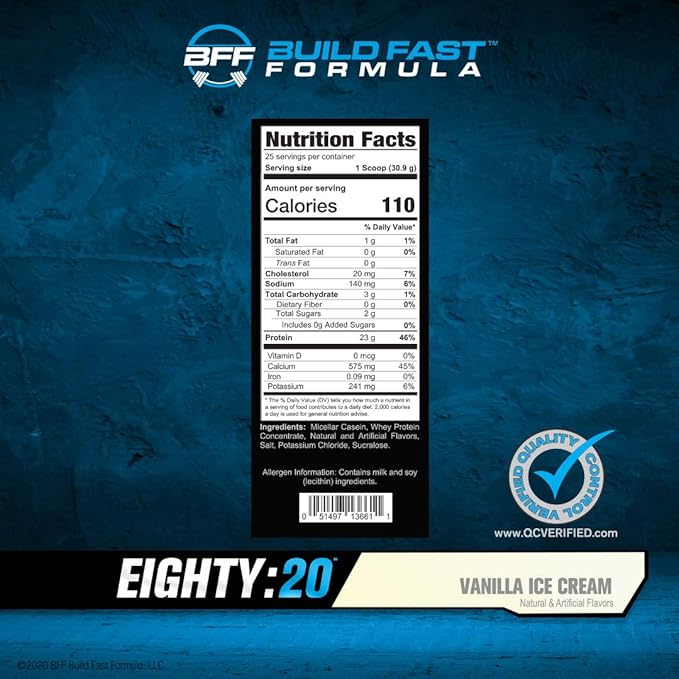 Eighty:20 Protein Powder Casein & Whey Blend | Fast & Slow Digesting Proteins for 6 Hours Muscle Protein Synthesis for Men & Women | Keto Friendly & Great Tasting (Vanilla Ice Cream)