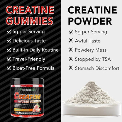 Creatine Monohydrate Gummies for Men & Women - 5g per Serving, Low Sugar Creatine Monohydrate Gummies - Increase Strength, Muscle Gain, Recovery, Endurance - Vegan, Gluten-Free,Strawberry (120 Count)