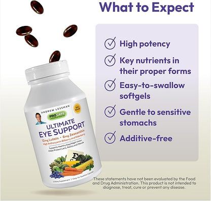 ANDREW LESSMAN Ultimate Eye Support 60 Softgels - 12mg Lutein, 6mg Zeaxanthin, Bilberry, Key Nutrients to Support Eye Health and Promote Healthy Vision. No Additives. Easy to Swallow Softgels