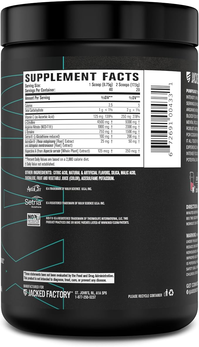 Jacked Factory Pumpsurge Max Stim Free Pre Workout - High-Performance Caffeine Free Pre Workout with L-Citrulline, N03-T Arginine Nitrate & Glutathione - 40 Servings, Watermelon Candy
