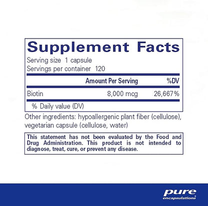 Pure Encapsulations Biotin 8 mg - B Vitamin Supplement to Aid Stress Relief, Hair, Skin & Nail Strengthening, Metabolism, Carbohydrate Support & Nervous System* - with Premium Biotin - 120 Capsules