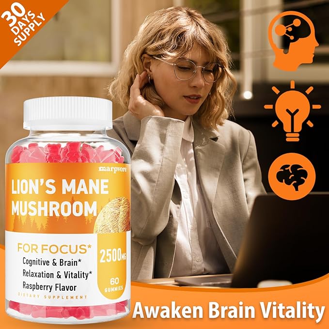 Lions Mane Gummies, Organic Lion's Mane Extract to 2500mg, Brain Supplements for Memory and Focus, Immune & Relaxation, Lions Mane Gummies for Adults, with Ashwagandha & Alpha GPC, 60 Mushroom Gummies