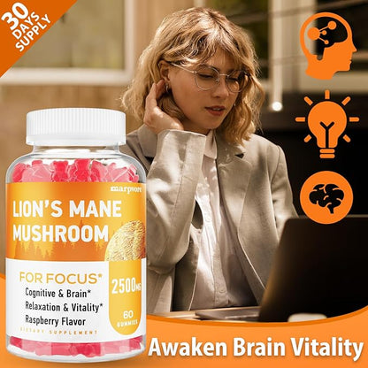 Lions Mane Gummies, Organic Lion's Mane Extract to 2500mg, Brain Supplements for Memory and Focus, Immune & Relaxation, Lions Mane Gummies for Adults, with Ashwagandha & Alpha GPC, 60 Mushroom Gummies