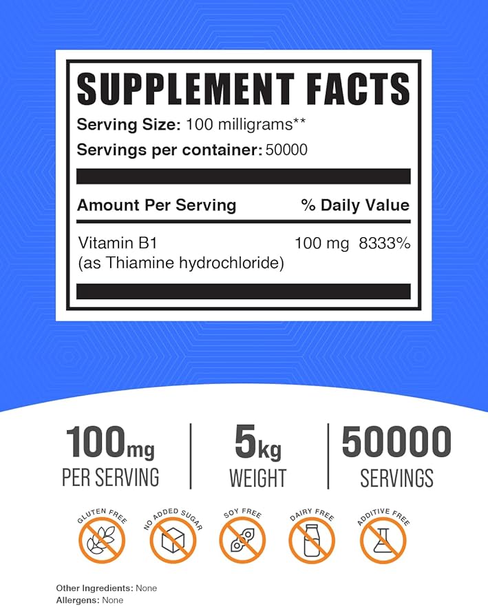 BulkSupplements.com Thiamine HCl Powder - Thiamine Hydrochloride - Thiamine B1 Supplement - B1 Vitamins - Thiamine 100mg - Thiamine Powder - 100mg per Serving (5 Kilograms - 11 lbs)