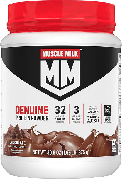 Muscle Milk Genuine Protein Powder, Chocolate, 1.93 Pounds, 12 Servings, 32g Protein, 3g Sugar, Calcium, Vitamins A, C & D, NSF Certified for Sport, Energizing Snack, Packaging May Vary