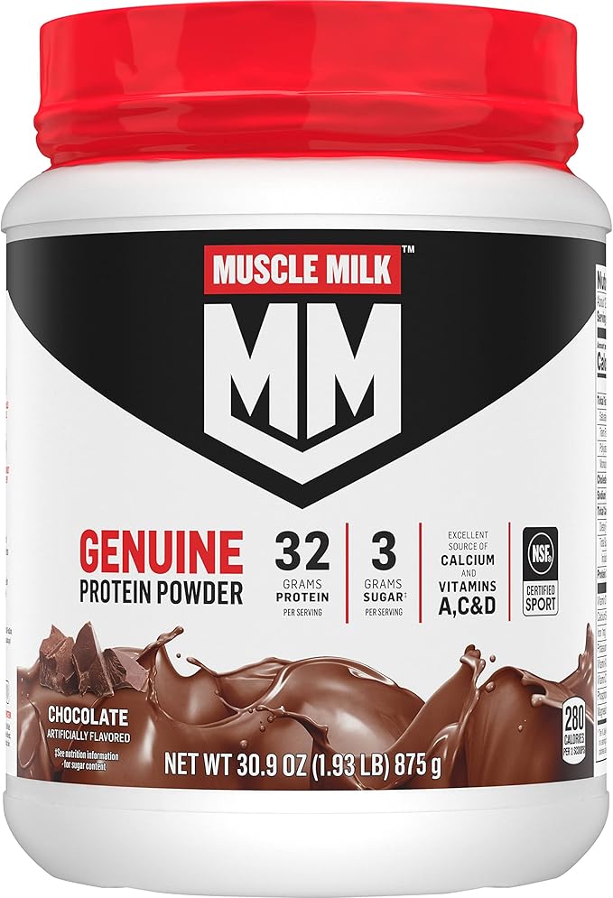 Muscle Milk Genuine Protein Powder, Chocolate, 1.93 Pounds, 12 Servings, 32g Protein, 3g Sugar, Calcium, Vitamins A, C & D, NSF Certified for Sport, Energizing Snack, Packaging May Vary
