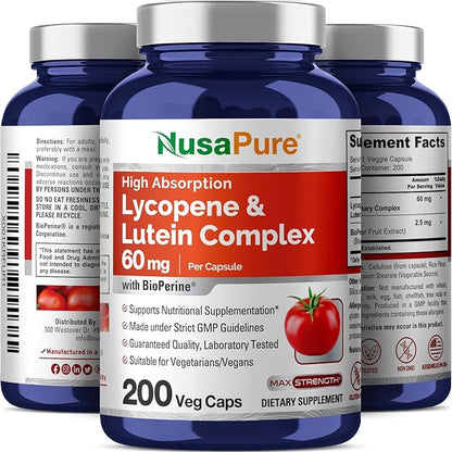 NusaPure Lycopene & Lutein Complex 60mg per Caps, 200 Veggie Capsules (Non-GMO, Vegan)