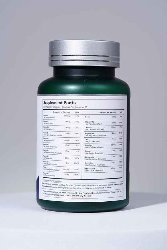 21 Vitamins &Minerals All-in-One Support, Multivitamin, Vitamin A, K2, D3,. Calcium, Zinc, Made in USA 20 Capsules