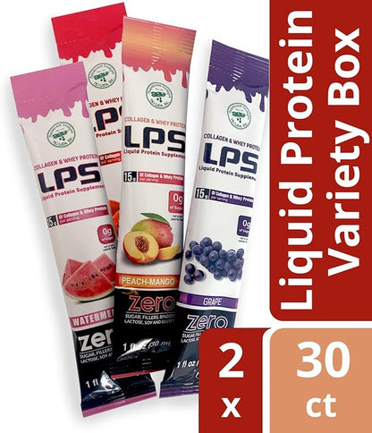 Nutritional Designs LPS Liquid Collagen & Whey Protein Supplement - Non-GMO Drink, Sugar-Free - Promotes Healthy Skin & Hair for Men & Women, Single Serve (Variety Box, 60 Packets)