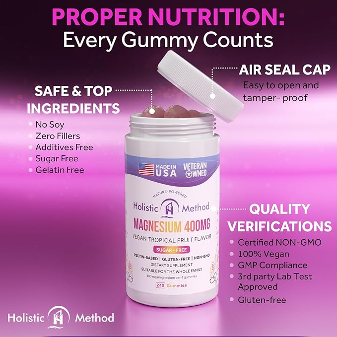 Magnesium Citrate Gummies - Sugar-Free, Vegan and Non-GMO for Better Sleep and Relaxation - No Sugar Alcohol - Magnesium Supplement for Adults, Teens and Kids - Tropical Fruit - 240 Chews