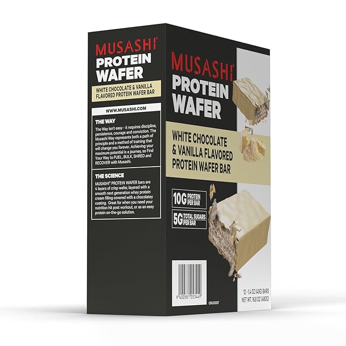 MUSASHI Protein Wafer Bar, 10g Protein, 5g Total Sugars, White Chocolate & Vanilla, Post Workout and Protein Snack On The Go, 12 Pack of 1.4oz (40g) Bars
