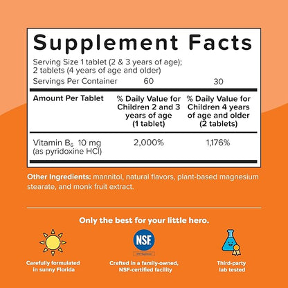 Renzo's Bright & Brainy Vitamin B6 - Dissolving Kids Vitamin B6-60 Sugar-Free Melty Tabs, Oh Oh Oh Orange Flavored