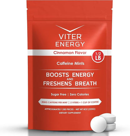 Viter Energy Caffeinated Mints 40mg Caffeine, B Vitamins, Sugar Free. (Cinnamon, 8oz, Bulk Bag)