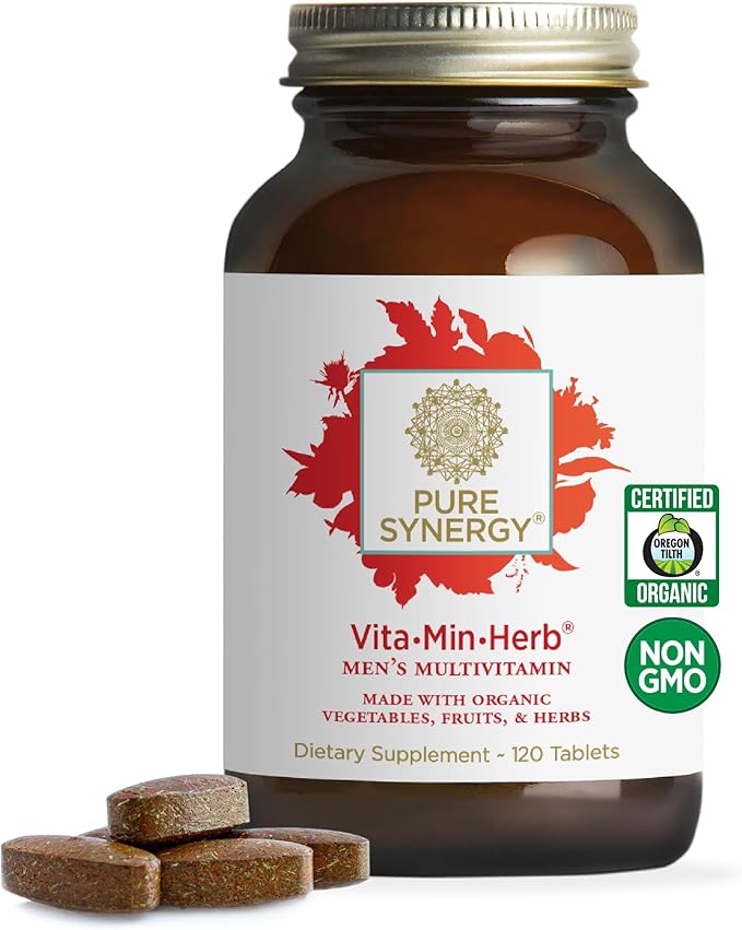PURE SYNERGY Vita·Min·Herb for Men | Men’s Comprehensive Multivitamin Supplement | Made with Organic Whole Food Non-GMO Ingredients | Daily Energy & Immune Support (120 Tablets)