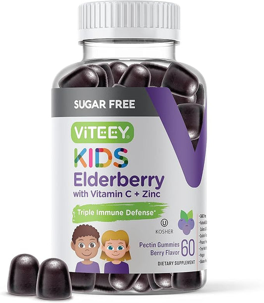 Sambucus Elderberry Gummies for Kids - Sugar Free - Immune Support Supplements with Vitamin C & Zinc, [3-1 Immune Booster] Vegan, Gelatin Free, Gluten Free - Tasty Chewable Berry Flavored Gummy