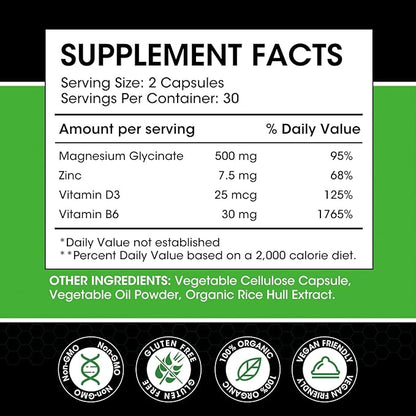 Magnesium Glycinate Capsules, Magnesium Glycinate Supplement with Magnesium Glycinate 500 mg, Zinc, Vitamin D3 & B6 - Promotes Nerve, Bowel, Relaxation Function - 60 Vegan Capsules