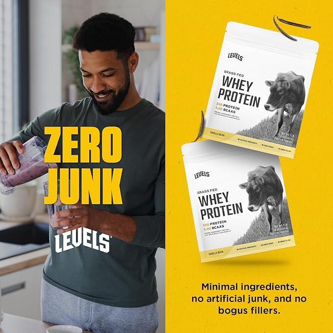 Levels Grass Fed Whey Protein Powder, No Artificials, 24G of Protein, Vanilla Bean, 1LB