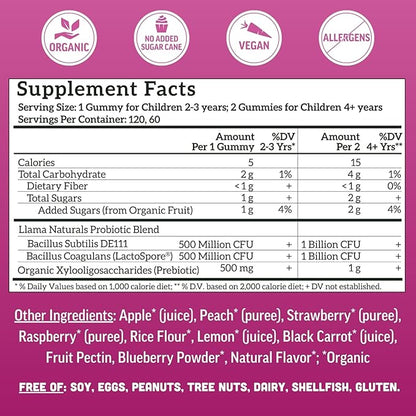 Llama Naturals Real Fruit Prebiotic & Probiotic Kids Gummies, No Added Sugar Cane, Children Digestion, Toddler Tummy Aches, Gut Health, 2B CFU, Mixed Berry, 120 ct (60-120 Days)