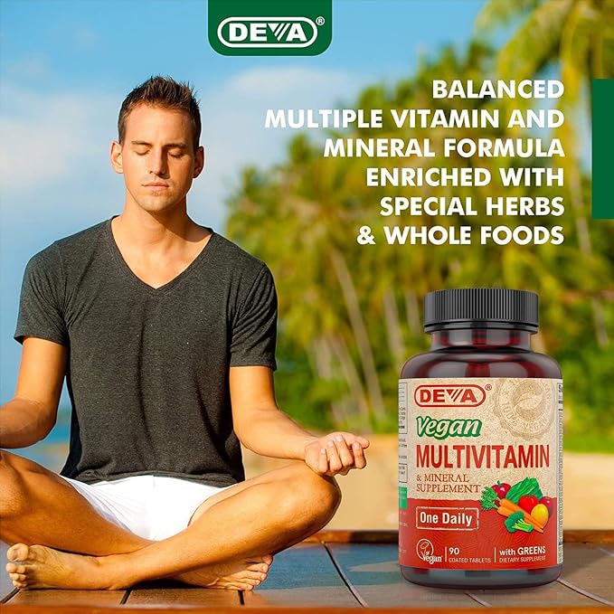 DEVA Vegan Multivitamin and Mineral Supplement - Once-Per-Day Formula with Greens - Vitamins A, C, D, E, B Complex, High-Potency Formulation for Daily Health and Wellness- 90 Coated Tablets, 1-Pack