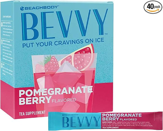 BODi Bevvy Pomegranate Berry Iced Tea Supplement with Fiber, Low-Caffeine Cravings Control, No Artificial Preservatives, Plant-Based, Gluten-Free, Dairy & Soy-Free - 40 Servings