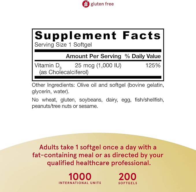 Jarrow Formulas Vitamin D3 25 mcg, Dietary Supplement, Bone and Joint, Support for Immune Health and Calcium Metabolism, 200 Softgels, 200 Day Supply