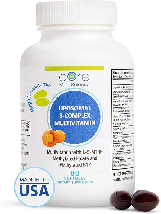 Liposomal Methylated Multivitamin B-Complex by Core Med Science, 90 Softgels - Non-GMO Active Super B Complex Vitamin Supplement for Heart Health - VIT Methyl B Complex Immune Support Supplement