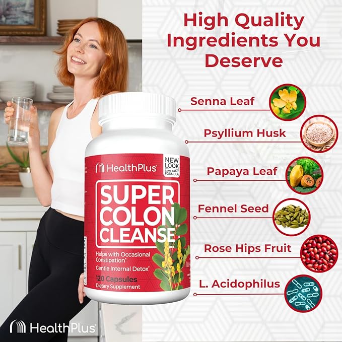 Health Plus Super Colon Cleanse 10 Day Gentle Gut Cleanse Detox, Psyllium Husk, Probiotics for Constipation Relief & Digestive Support, 120 Capsules
