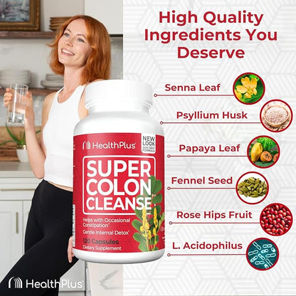 Health Plus Super Colon Cleanse 10 Day Gentle Gut Cleanse Detox, Psyllium Husk, Probiotics for Constipation Relief & Digestive Support, 120 Capsules