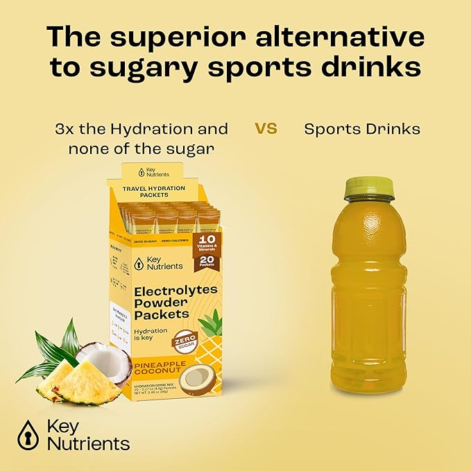 KEY NUTRIENTS Electrolytes Powder Packets - Tropical Pineapple Coconut 20 Pack Hydration Packets - Travel Hydration Powder - No Sugar, No Calories, Gluten Free Keto Electrolytes Powder - Made in USA