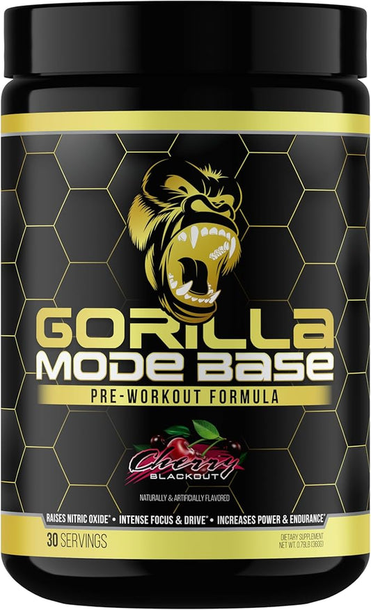 Gorilla Mode Base Pre Workout - Raises Nitric Oxide · Intense Focus & Drive · Endurance · Power - L-Citrulline, L-Tyrosine, Betaine, Alpha-GPC, Caffeine, Huperzine A - 360 Grams (Cherry Blackout)