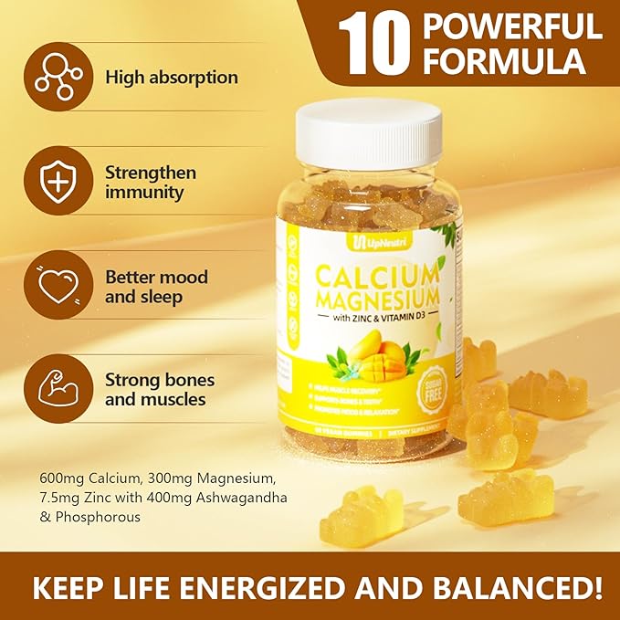 Calcium Magnesium Zinc with Vitamin D3 Supplement, Sugar Free Calcium Gummies for Women Men, High Absorption Zinc Gummies for Bone & Muscle & Immune Health, Vegan Mango Flavor - 60 Count