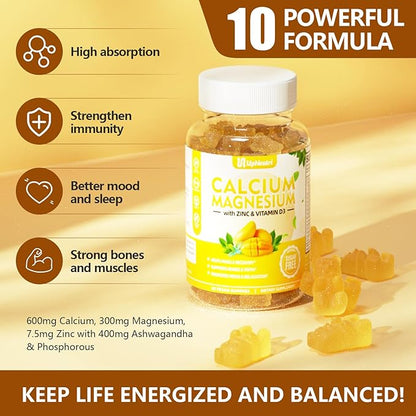 Calcium Magnesium Zinc with Vitamin D3 Supplement, Sugar Free Calcium Gummies for Women Men, High Absorption Zinc Gummies for Bone & Muscle & Immune Health, Vegan Mango Flavor - 60 Count