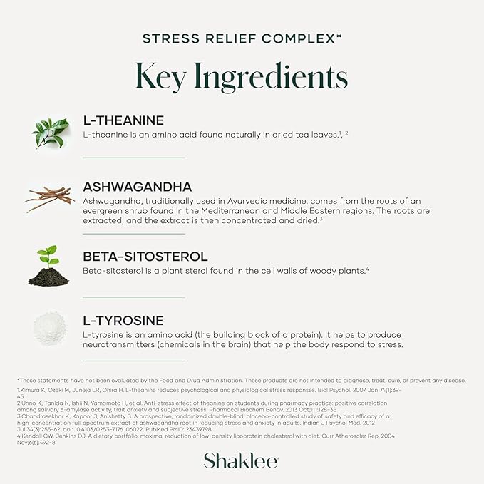Shaklee - Stress Relief Complex - Calming Blend of L-theanine, Ashwagandha, Beta-sitosterol, and L-tyrosine - Promotes Relaxation without Drowsiness - 1 Caplet Daily - Adults Supplement - 30 Caplets