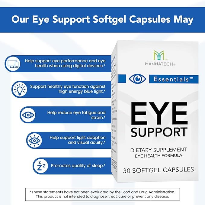 Mannatech Eye Care Supplement, Supports General Eye Health Sight Care Supplement w/Lutein & Zeaxanthin. Eye Support 30 Softgels.