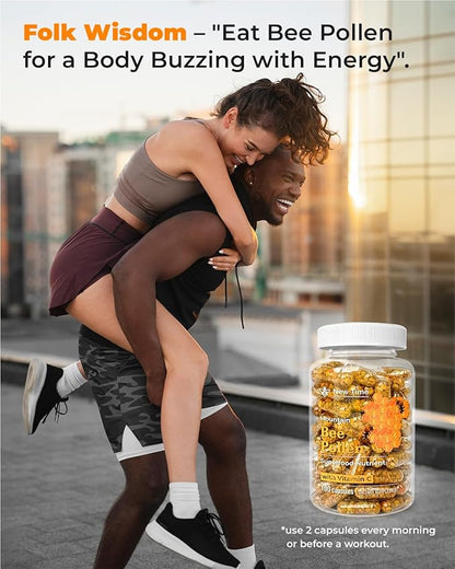 Bee Pollen Vegetarian Capsules with Vitamin C, Natural Organic Supplement, Fermented Pollen Granules, Multivitamin, Immune, Energy Support (100 caps)