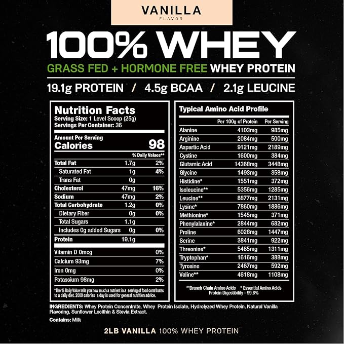 Muscle Feast 100% Grass-Fed Whey Protein, Pastured Raised Hormone Free All Natural, Vanilla, 2lb