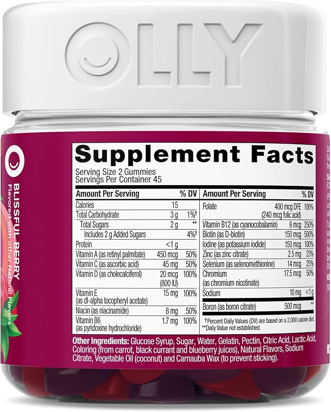 OLLY Women's Multivitamin Gummy, Vitamins A, D, C, E, Biotin, Folic Acid, Adult Chewable Vitamin, Berry Flavor, 45 Day Supply - 90 Count (Packaging May Vary)