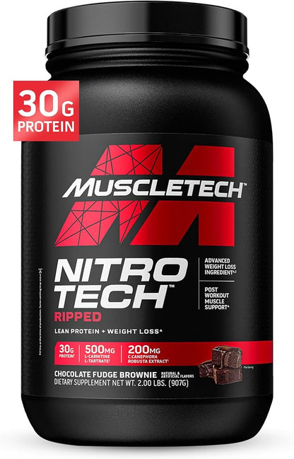Muscletech Whey Protein Powder (Chocolate Fudge Brownie, 2LB) - Nitro-Tech Ripped Whey Protein Isolate & Peptides Smoothie Mix for Lean Muscle & Fast Recovery - 30g of Whey Protein for Women & Men