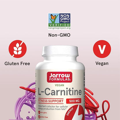 Jarrow Formulas L-Carnitine 500 mg, Dietary Supplement, Support for Cellular Energy Production, 100 Veggie Capsules, 100 Day Supply