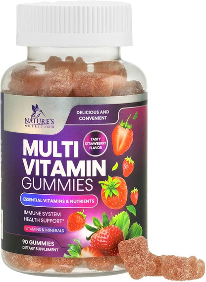 Multivitamin Gummies for Adults with 13 Vitamins and Minerals, Daily Gummy Vitamin for Women & Men, Immune Health Support Supplement with Vitamins A, C, D, E, B-6, B-12, Zinc, Berry - 90 Gummies