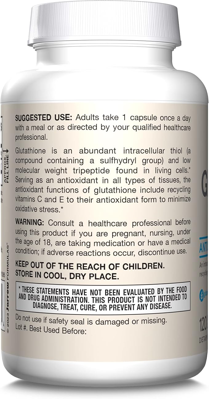 Jarrow Formulas Glutathione Reduced 500 mg - 120 Veggie Capsules - Intracellular Antioxidant - Quality Glutathione Supplements - Supports Recycling of Vitamins C & E - Non-GMO - Gluten Free - Vegan