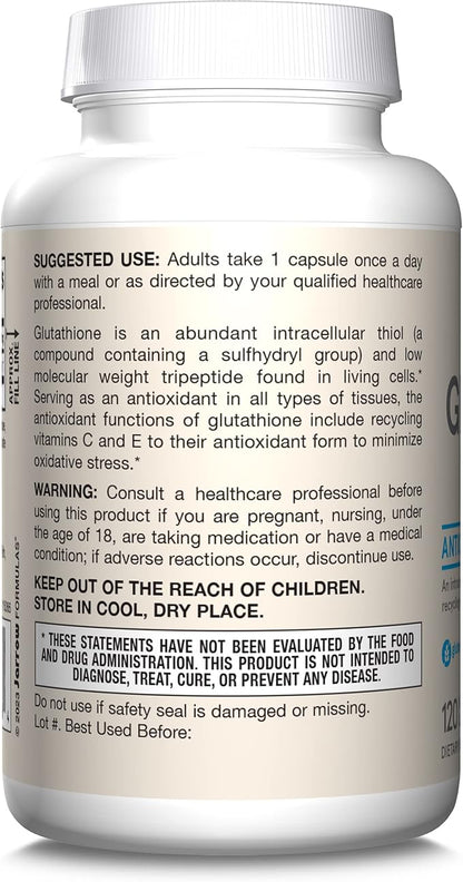 Jarrow Formulas Glutathione Reduced 500 mg - 120 Veggie Capsules - Intracellular Antioxidant - Quality Glutathione Supplements - Supports Recycling of Vitamins C & E - Non-GMO - Gluten Free - Vegan