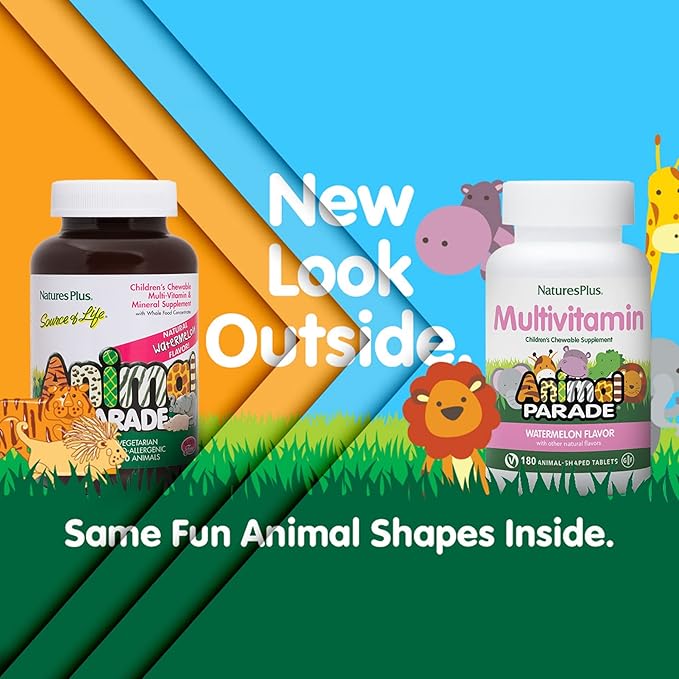 Natures Plus Animal Parade Children's Chewable Multivitamin, Watermelon - 180 Animal-Shaped Tablets - Promotes Health & Well-Being - Vegan, Gluten Free - 90 Servings